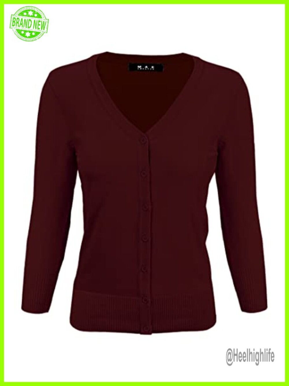 Women's V-Neck Button-Down Cardigan 3/4 Sleeve Fitted Soft Stretch Knit